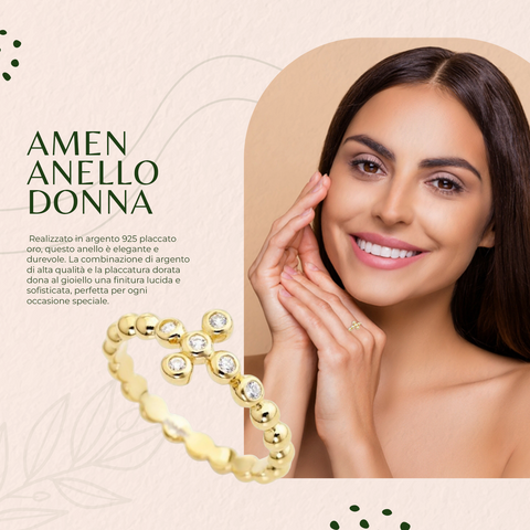 AMEN Anello Donna Croce Boules in Argento 925 Placcato Oro con Zirconi, Gioiello Elegante e Raffinato, ABOGB-14