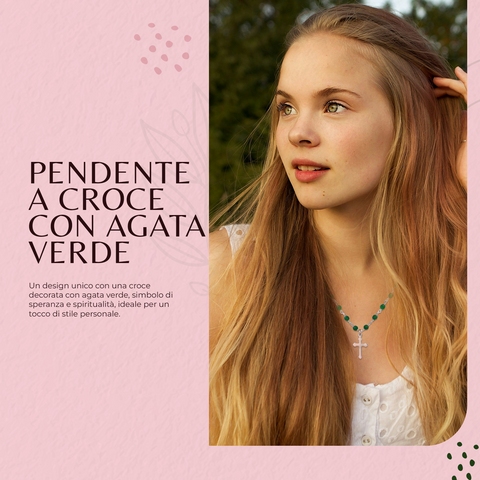 AMEN Collana Donna in Argento 925 Rosé – Collezione Romantic con Croce e Agata Verde, AV90RCR
