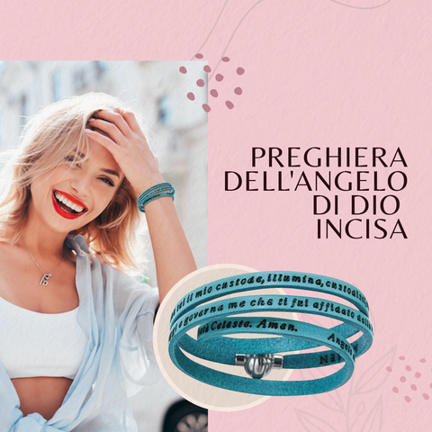 AMEN Bracciale in Pelle Turchese mit Preghiera Angelo di Dio – Gioiello Religioso Elegante