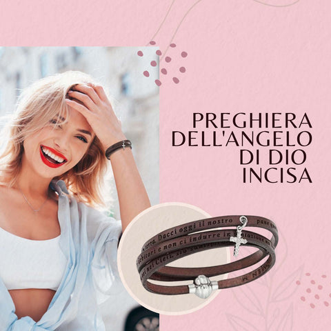 AMEN Bracciale in Pelle Marrone con Preghiera Padre Nostro e Ciondolo Croce in Argento, ASPNIT05