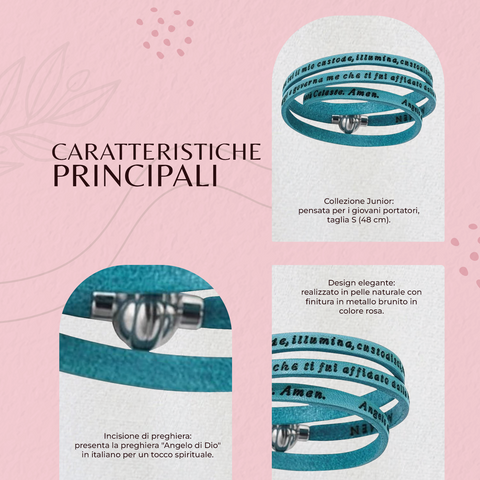 AMEN Bracciale in Pelle Turchese mit Preghiera Angelo di Dio – Gioiello Religioso Elegante