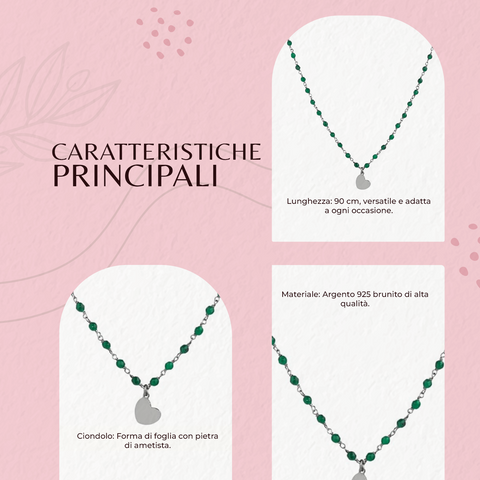AMEN Collana Donna in Argento 925 – Collezione Romantic con Cuore e Agata Verde, AV70NCU