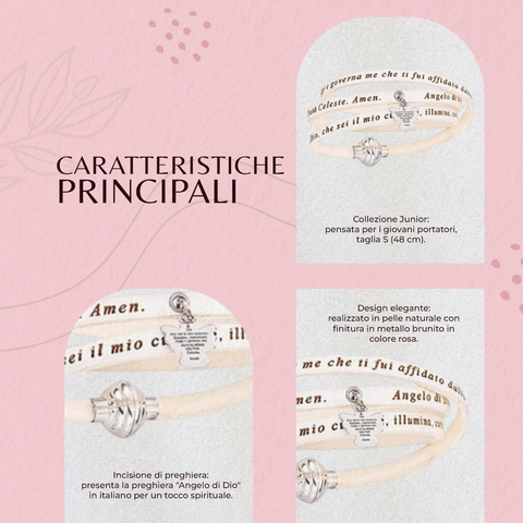 AMEN Bracciale in Pelle Bianca con Ciondolo Angelo e Preghiera Incisa – Gioiello Religioso Unisex, ASADIT07