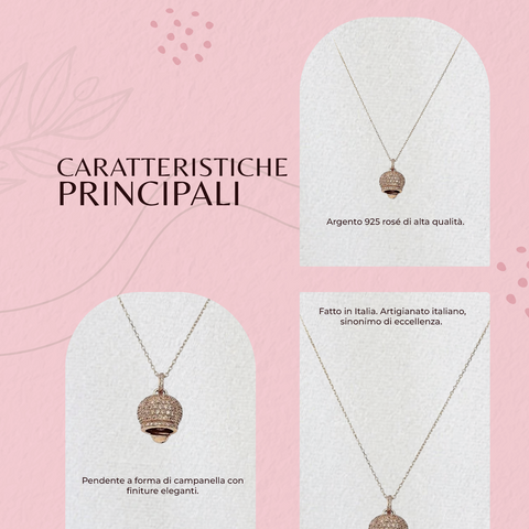 AMEN Collana Campanella in Argento 925 Rosé | Gioiello Elegante Made in Italy con Confezione Ufficiale, CLPBZRC