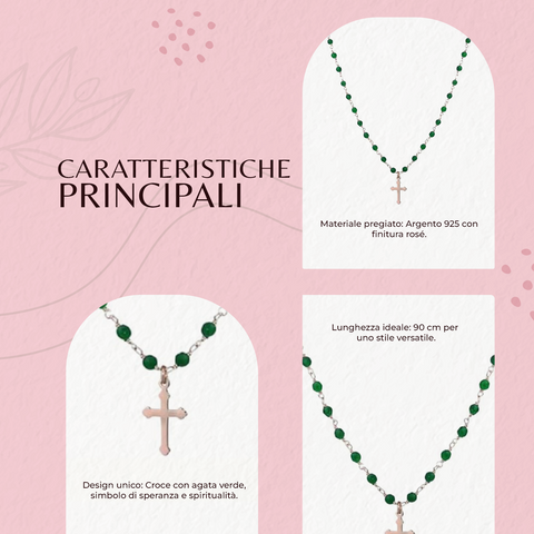 AMEN Collana Donna in Argento 925 Rosé – Collezione Romantic con Croce e Agata Verde, AV90RCR