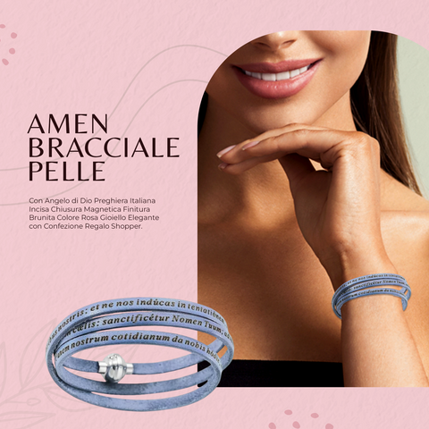 Amen Bracciale Donna Pelle e Argento 925, Gioiello Religioso, Collezione Padre Nostro, Accessorio Elegante, PNLA22-57