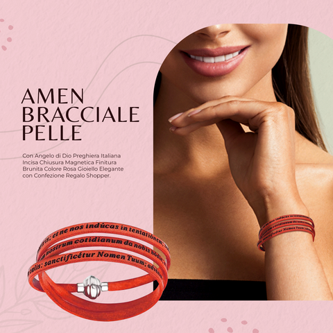 Amen Bracciale Donna Pelle e Argento 925, Gioiello Religioso Elegante, Collezione Padre Nostro, PNLA23