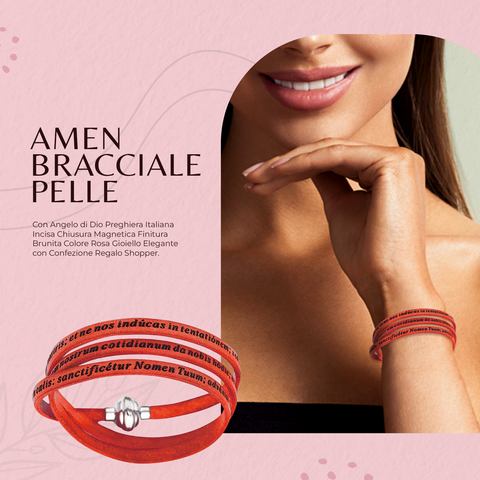Amen Bracciale Donna in Pelle e Argento 925, Padre Nostro Latino, Gioiello Elegante con Chiusura, PNLA24-54