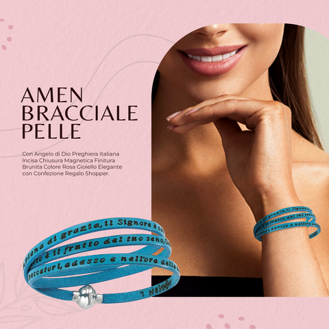 AMEN Bracciale Unisex in Pelle Turchese con Preghiera Ave Maria – Gioiello Religioso Elegante, AMIT13
