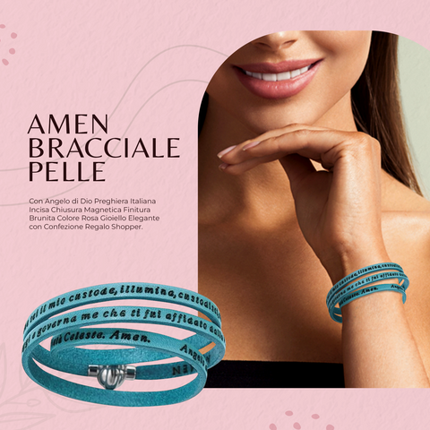 AMEN Bracciale in Pelle Turchese mit Preghiera Angelo di Dio – Gioiello Religioso Elegante