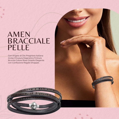 AMEN Bracciale Ave Maria in Pelle con Chiusura Magnetica in Acciaio – Incisione Preghiera in Italiano, AMIT16