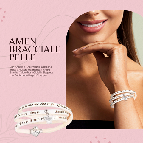 AMEN Bracciale in Pelle Bianca con Ciondolo Angelo e Preghiera Incisa – Gioiello Religioso Unisex, ASADIT07