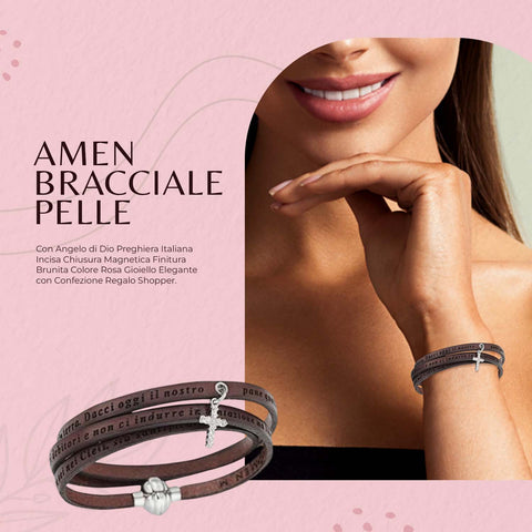 AMEN Bracciale in Pelle Marrone con Preghiera Padre Nostro e Ciondolo Croce in Argento, ASPNIT05