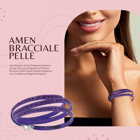 AMEN Bracciale Ave Maria in Pelle Viola – Gioiello Religioso Donna, AMIT09