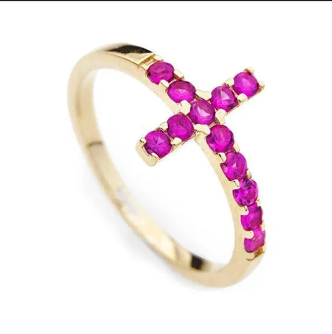 AMEN Anello Donna Oro Rosa con Croce e Zirconi Fucsia, ACOGR