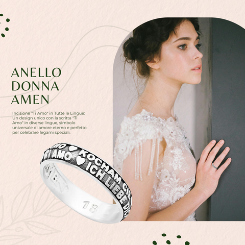 AMEN Anello Donna in Argento 925 – Collezione Ti Amo con Incisione Multilingue, ATAN