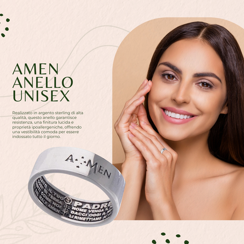 AMEN Anello Unisex in Argento 925 con Preghiera Padre Nostro – Gioiello Religioso Elegante, APN-18