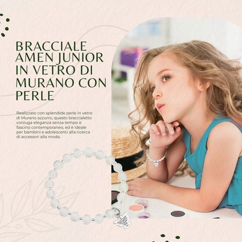 AMEN Bracciale Junior Angelo di Dio con Perle di Murano e Ciondolo in Argento – Elegante Accessorio per Bambina, ADJBI