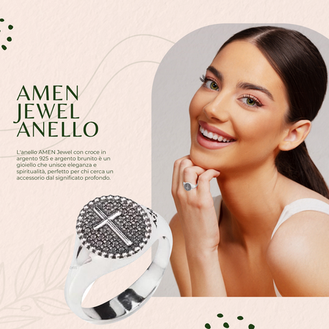 AMEN Anello Unisex in Argento 925 con Croce, Finitura Brunita, Gioiello Elegante e Raffinato, ACR1-10