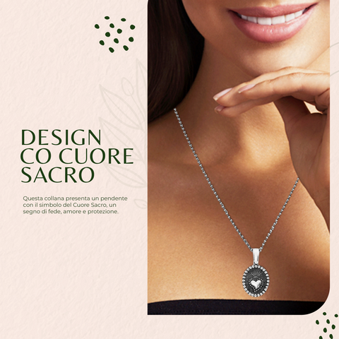 AMEN Collana Cuore Sacro in Argento 925 Brunito e Rodio, Lunghezza 45+5 cm, Confezione e Garanzia Inclusa - CLSC