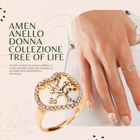 AMEN Anello Donna Argento 925 Tree of Life con Zirconi e Cuore, Gioiello Elegante e Significativo, RTL1R