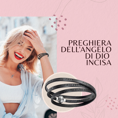 AMEN Bracciale Donna in Pelle con Preghiera Angelo di Dio Incisa, Nero 60 cm - AJADIT02-60