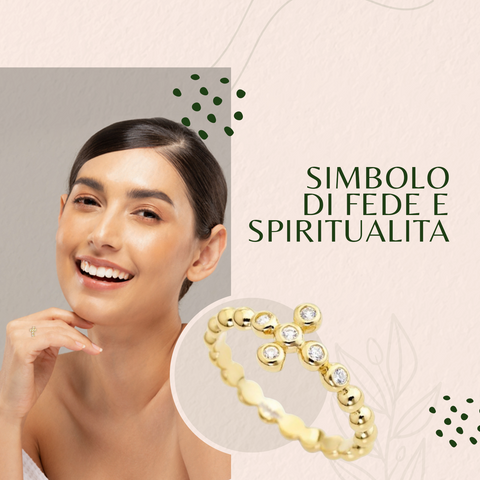 AMEN Anello Donna Croce Boules in Argento 925 Placcato Oro con Zirconi, Gioiello Elegante e Raffinato, ABOGB-14