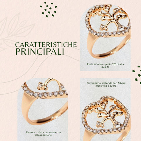 AMEN Anello Donna Argento 925 Tree of Life con Zirconi e Cuore, Gioiello Elegante e Significativo, RTL1R
