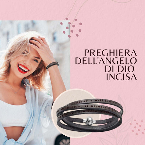 AMEN Bracciale Ave Maria in Pelle con Chiusura Magnetica in Acciaio – Incisione Preghiera in Italiano, AMIT16