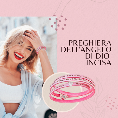 AMEN, Bracciale Donna - Argento 925, Pelle Rosa, Cuore Pavé e Mamma in Tutte le Lingue, ASMA04