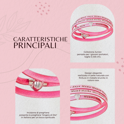 AMEN, Bracciale Donna - Argento 925, Pelle Rosa, Cuore Pavé e Mamma in Tutte le Lingue, ASMA04