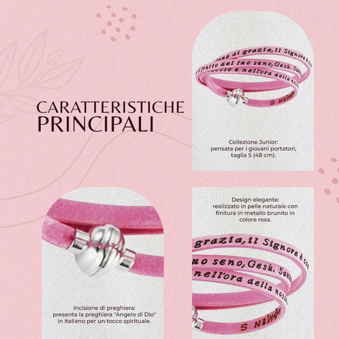 AMEN Bracciale Donna Ave Maria in Pelle Rosa con Chiusura a Clip – Gioiello Religioso Elegante, AMIT04