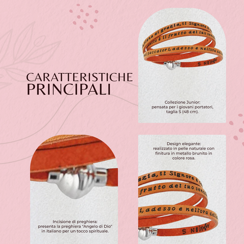 AMEN Bracciale Donna in Pelle Arancione con Preghiera Ave Maria – Gioiello Religioso Elegante, AMIT12-57