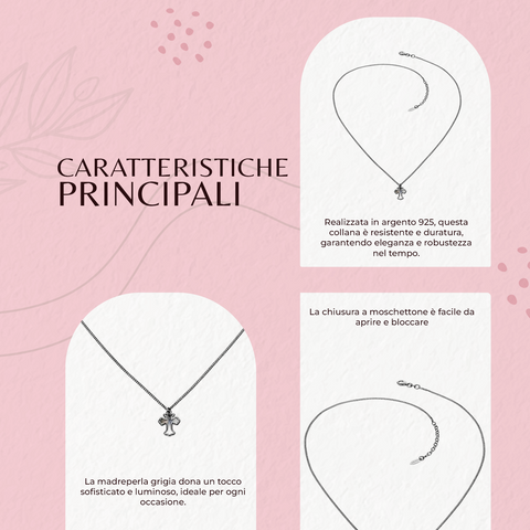 Unisex-Collana AMEN in Argento 925 mit Madreperla Grigia e Rodio Nero, Scatola e Garanzia, CLNMPG1
