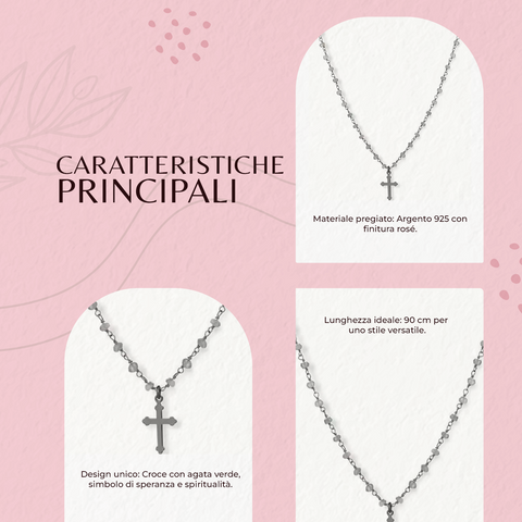 AMEN Collana Donna Rosario 90 cm – Argento 925 Brunito con Croce e Labradorite, Gioiello Religioso, LA90NCR