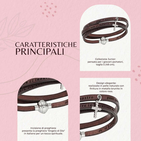 AMEN Bracciale in Pelle Marrone con Preghiera Padre Nostro e Ciondolo Croce in Argento, ASPNIT05