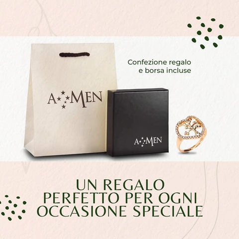 AMEN Anello Donna Argento 925 Tree of Life con Zirconi e Cuore, Gioiello Elegante e Significativo, RTL1R