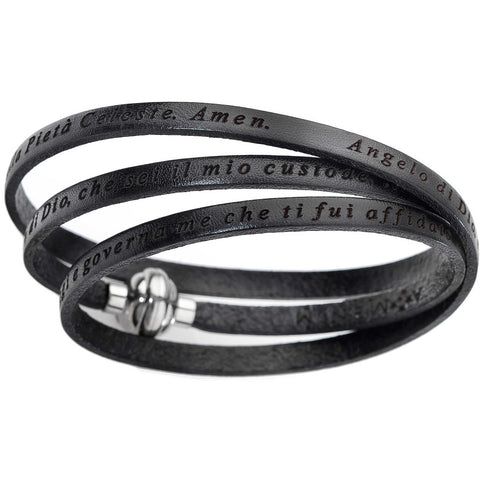 AMEN Bracciale Donna in Pelle con Preghiera Angelo di Dio Incisa, Nero 60 cm - AJADIT02-60