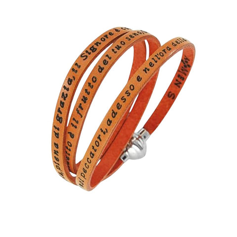 AMEN Bracciale Donna in Pelle Arancione con Preghiera Ave Maria – Gioiello Religioso Elegante, AMIT12-57