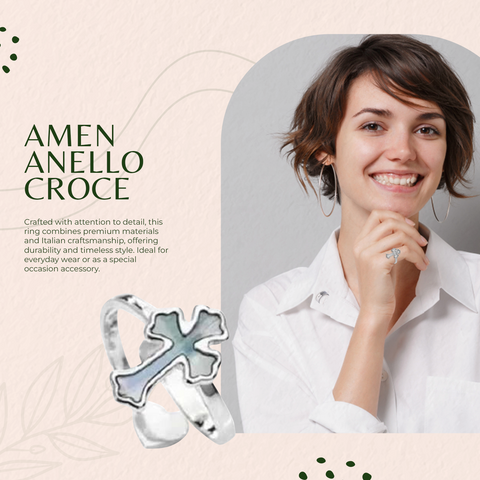 AMEN Anello Donna in Argento 925 con Croce e Madreperla, Misura Regolabile, Gioiello Elegante e Raffinato, ABMPB1
