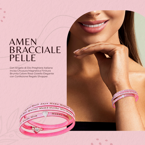 AMEN, Bracciale Donna - Argento 925, Pelle Rosa, Cuore Pavé e Mamma in Tutte le Lingue, ASMA04