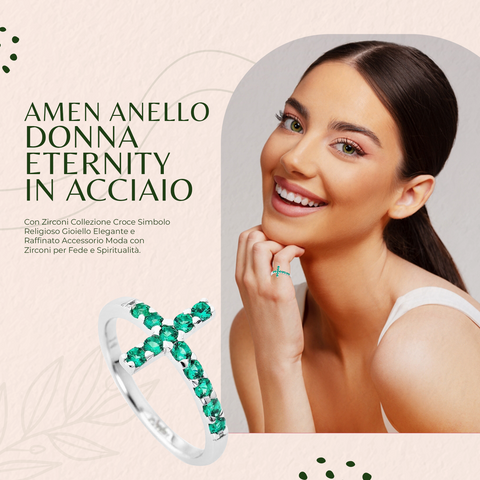 AMEN Anello Eternity Donna in Acciaio con Zirconi, Collezione Croce, Gioiello Elegante e Raffinato, ACOBV-12