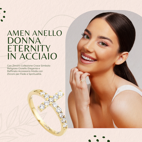 AMEN Eternity Ring Donna in Acciaio con Zirconi, Croce, Gioiello Elegante e Religioso, ACOGB