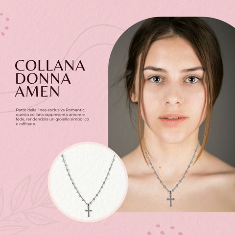 AMEN Collana Donna Rosario 90 cm – Argento 925 Brunito con Croce e Labradorite, Gioiello Religioso, LA90NCR