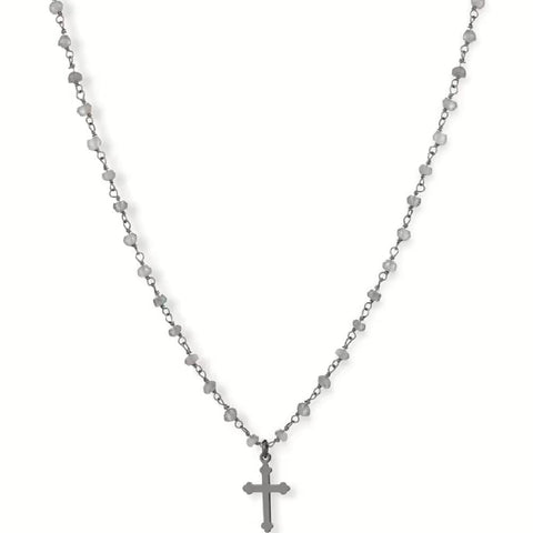 AMEN Collana Donna Rosario 90 cm – Argento 925 Brunito con Croce e Labradorite, Gioiello Religioso, LA90NCR